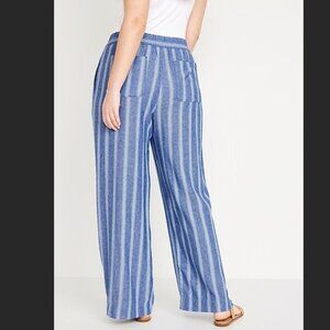 Old Navy Womens 2X High Rise Linen Blend Wide Leg Pants Blue Stripe Boho Casual